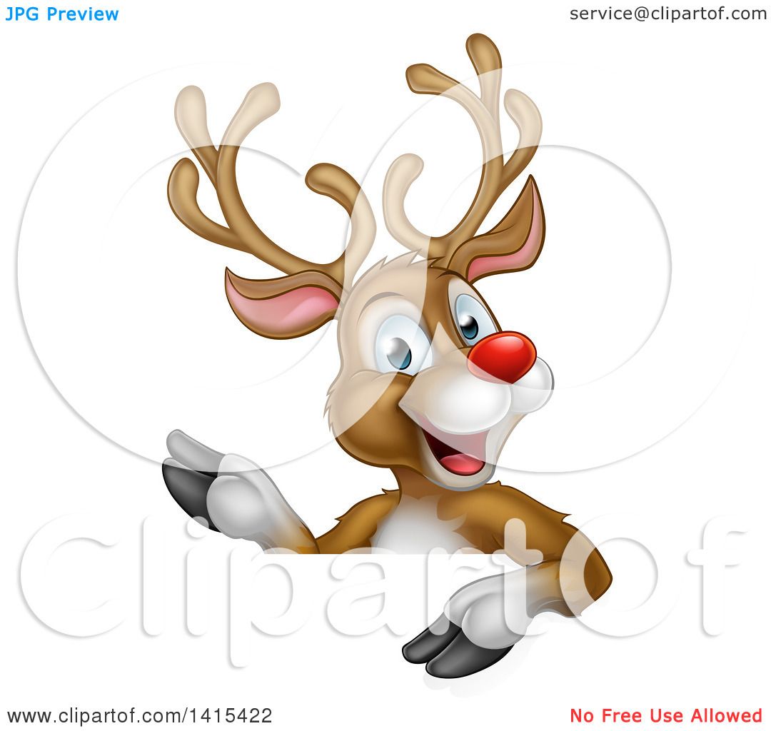Download Clipart of a Happy Rudolph Red Nosed Reindeer Waving over a Sign - Royalty Free Vector ...