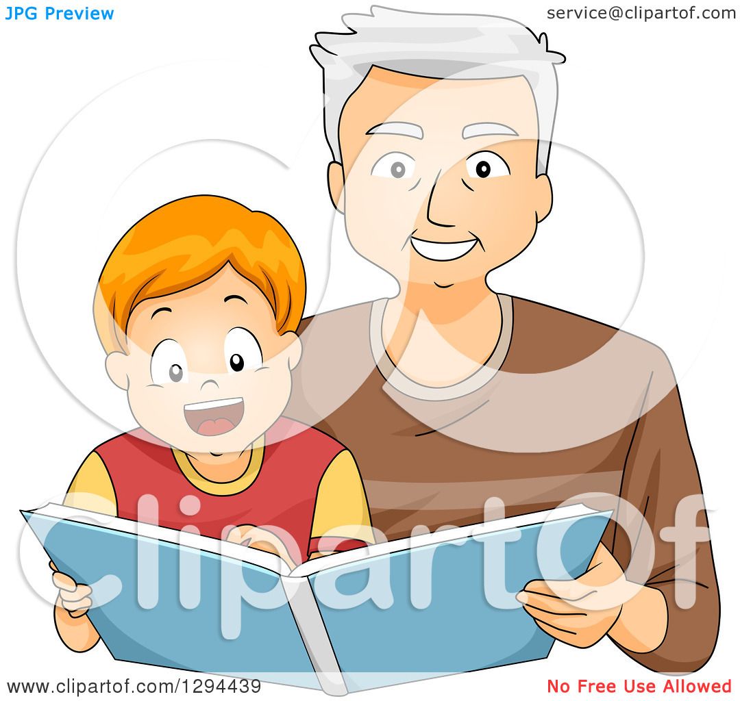 Clipart of a Happy White Senior Grandfather Reading a Story Book to His ...