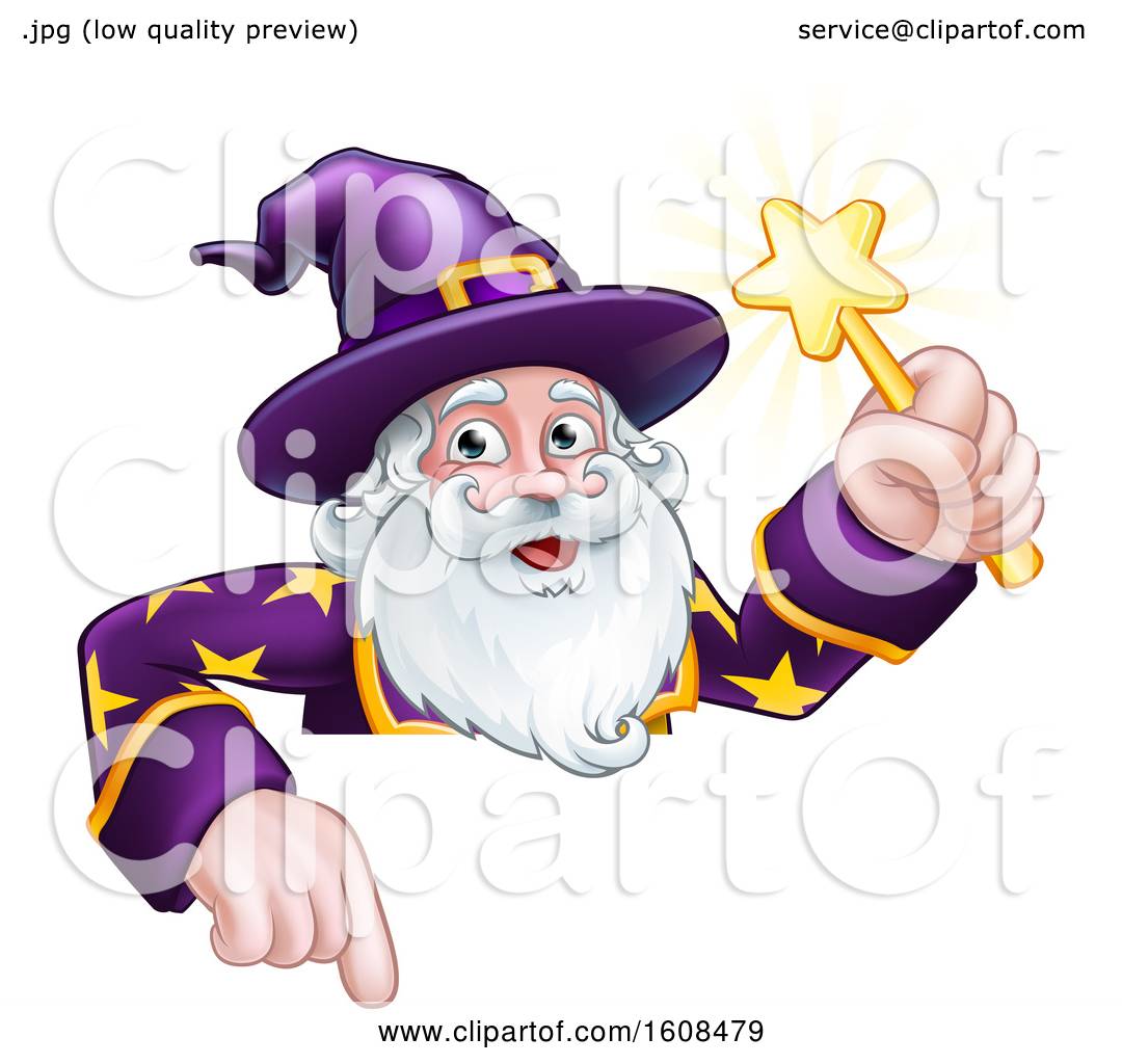 Clipart of a Happy Wizard Holding a Magic Wand over a Sign - Royalty ...