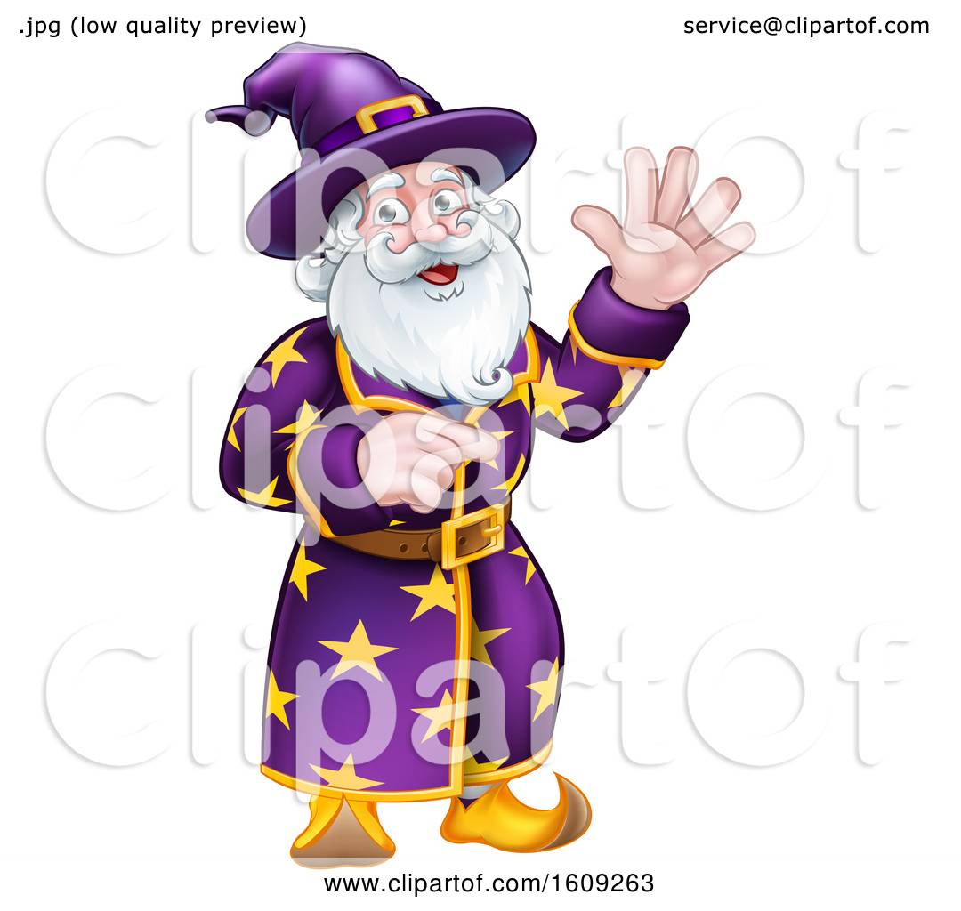 Clipart of a Happy Wizard Waving and Pointing - Royalty Free Vector ...