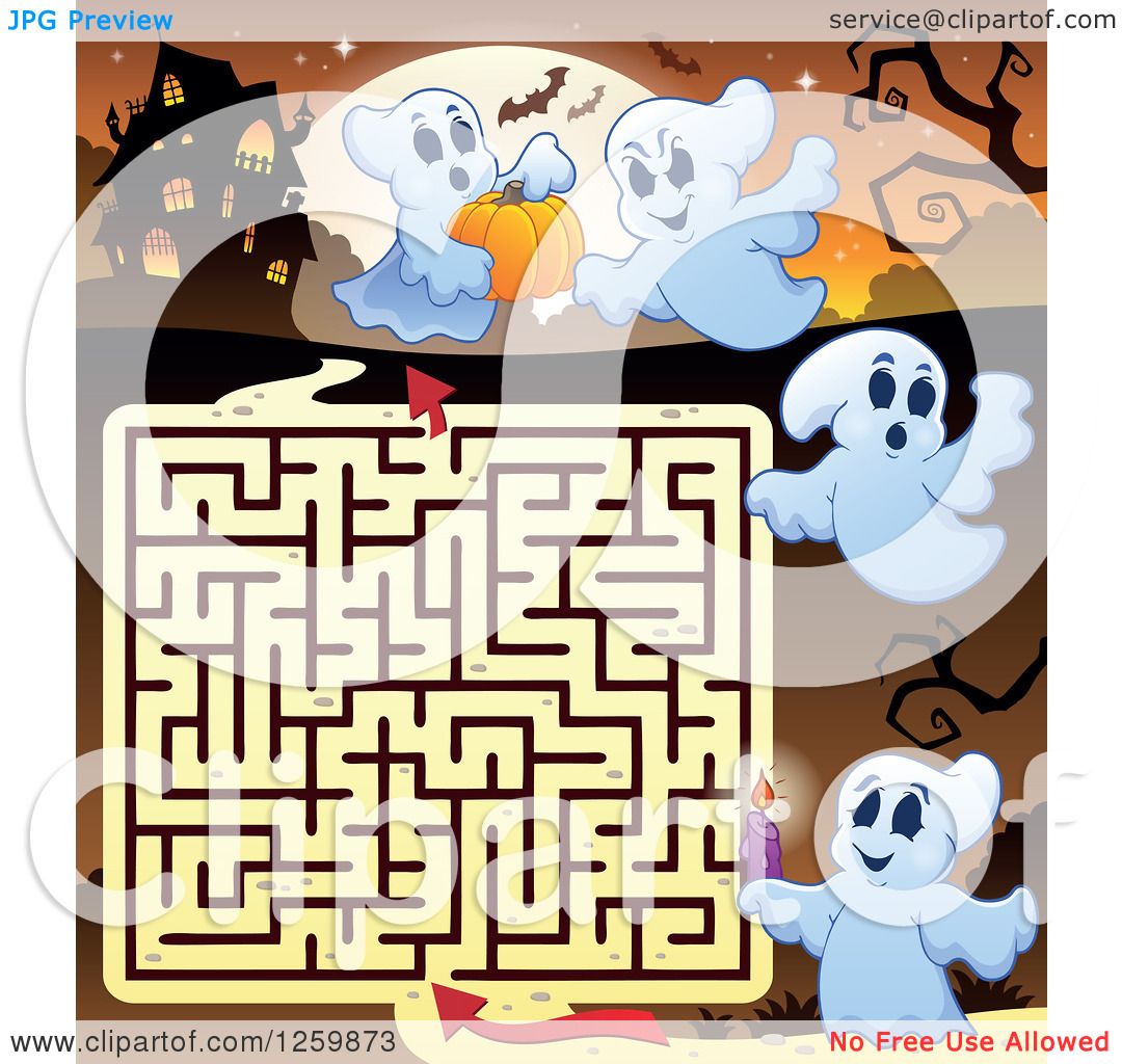 Clipart of a Haunted House Halloween Maze with Ghosts Against a Full ...