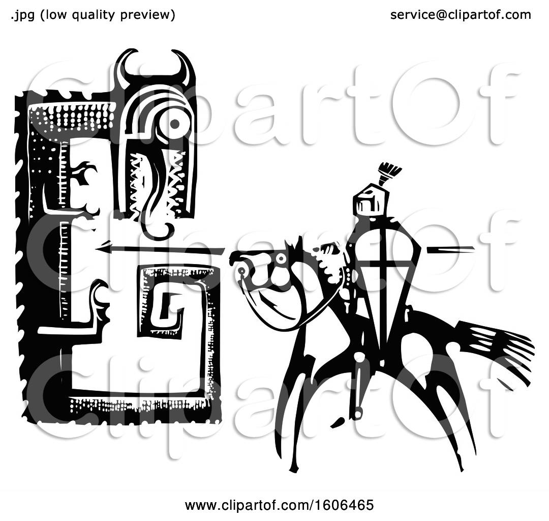 Clipart of a Horseback Knight, Sigurd, Slaying a Dragon, Fafnir, Black ...