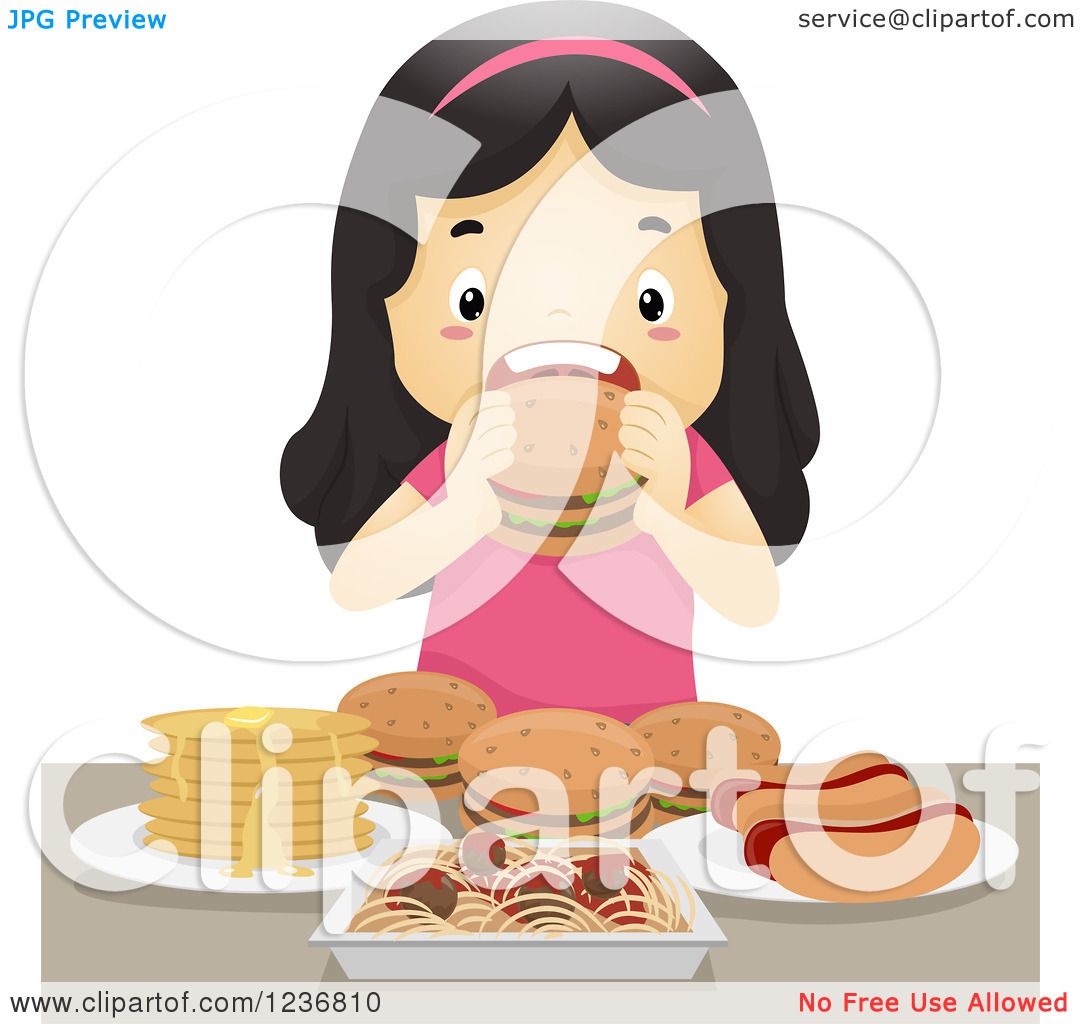 Clipart of a Hungry Asian Girl Binge Eating on Junk Food - Royalty Free  Vector Illustration by BNP Design Studio #1236810