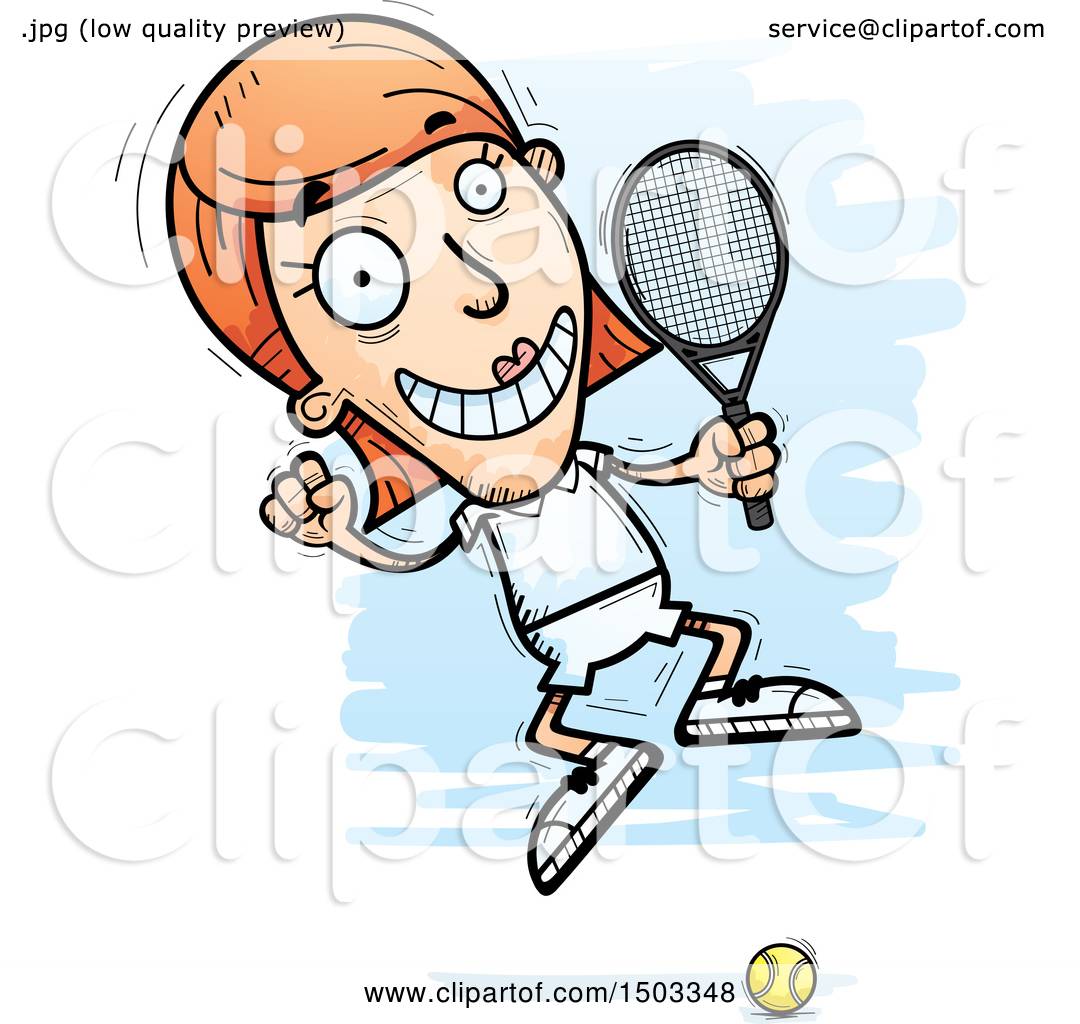 Clipart Of A Jumping Excited Caucasian Woman Tennis Player Royalty