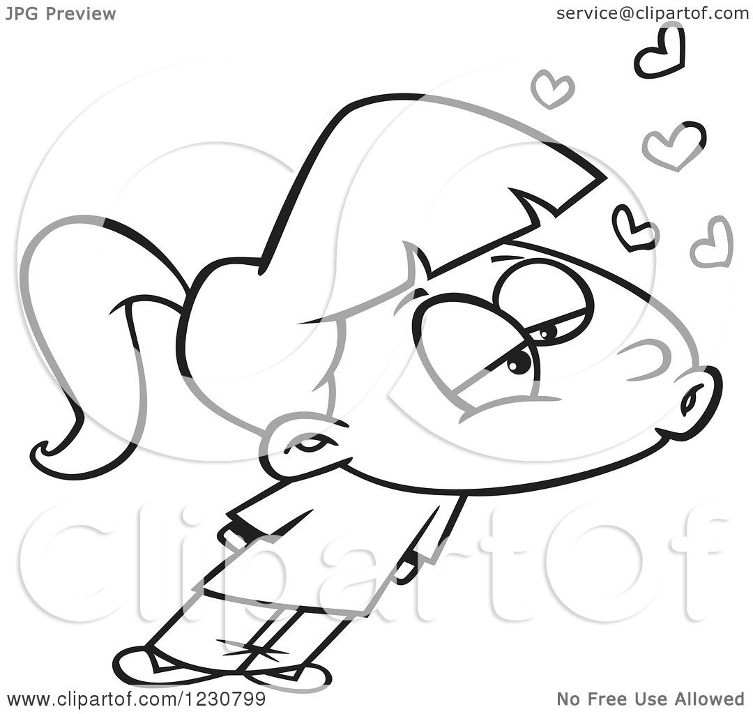 Clipart of a Line Art Cartoon Girl with Hearts and ...