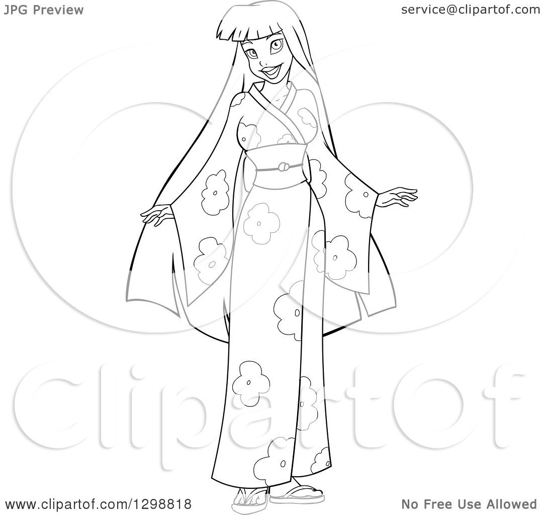 Clipart of a Lineart Black and White Beautiful Young Asian Woman ...