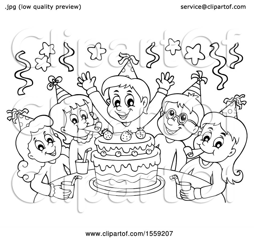 Clipart of a Lineart Group of Children Celebrating at a Birthday Party
