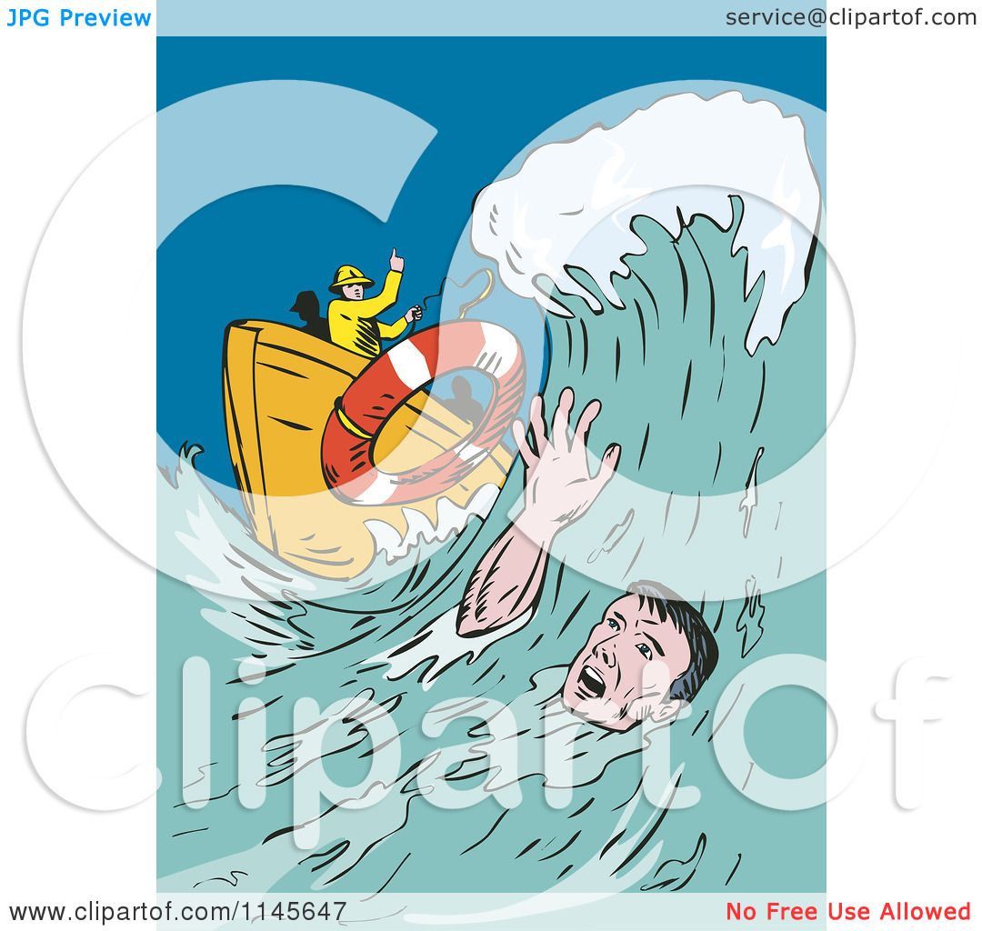 Clipart of a Man Drowning in the Ocean Reaching for a Life Buoy ...
