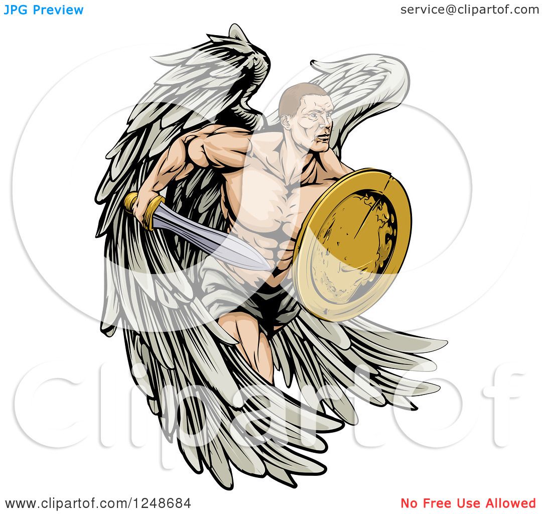 Tattoo style illustration of a wounded spartan warrior angel wearing helmet  holding sword and shield draped with rosary viewed from front set on isola  Stock Photo - Alamy