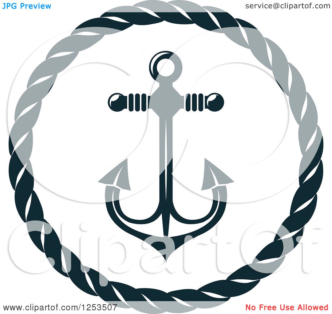 Clipart of a Navy Blue Anchor in a Rope Circle - Royalty Free