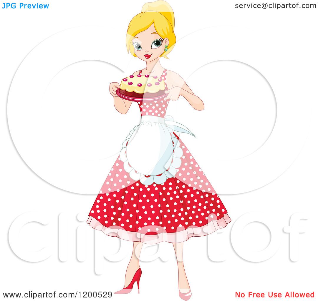 Clipart of a Pretty Blond Woman an Apron and Polka Dot Dress, Holding a ...