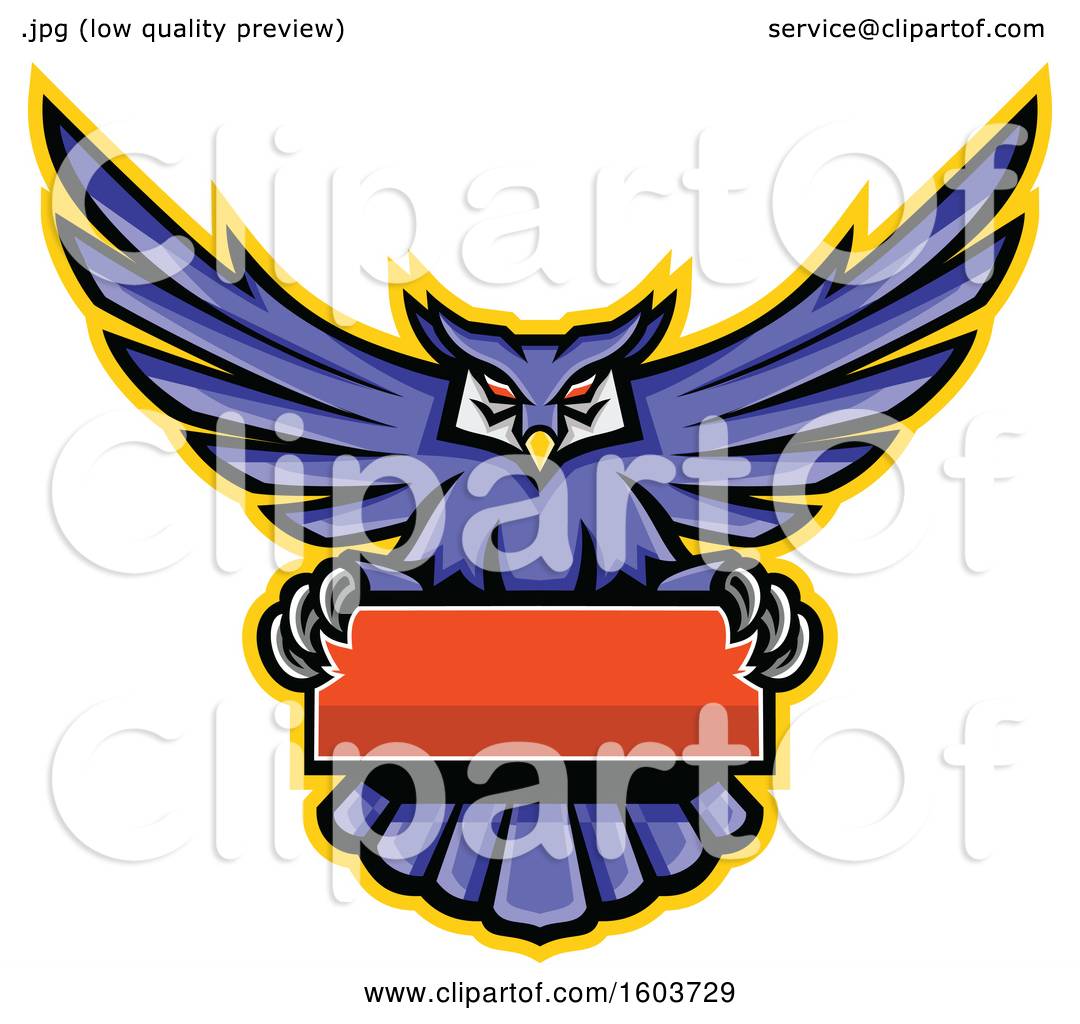 Clipart Of A Purple Great Horned Owl Mascot Flying With A Blank Banner