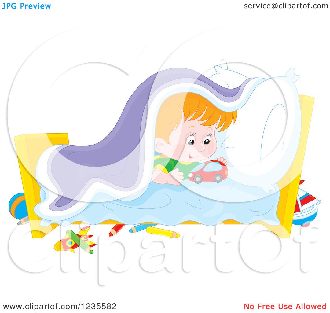 Clipart of a Red Head Boy Playing with Toys in His Bed - Royalty Free ...