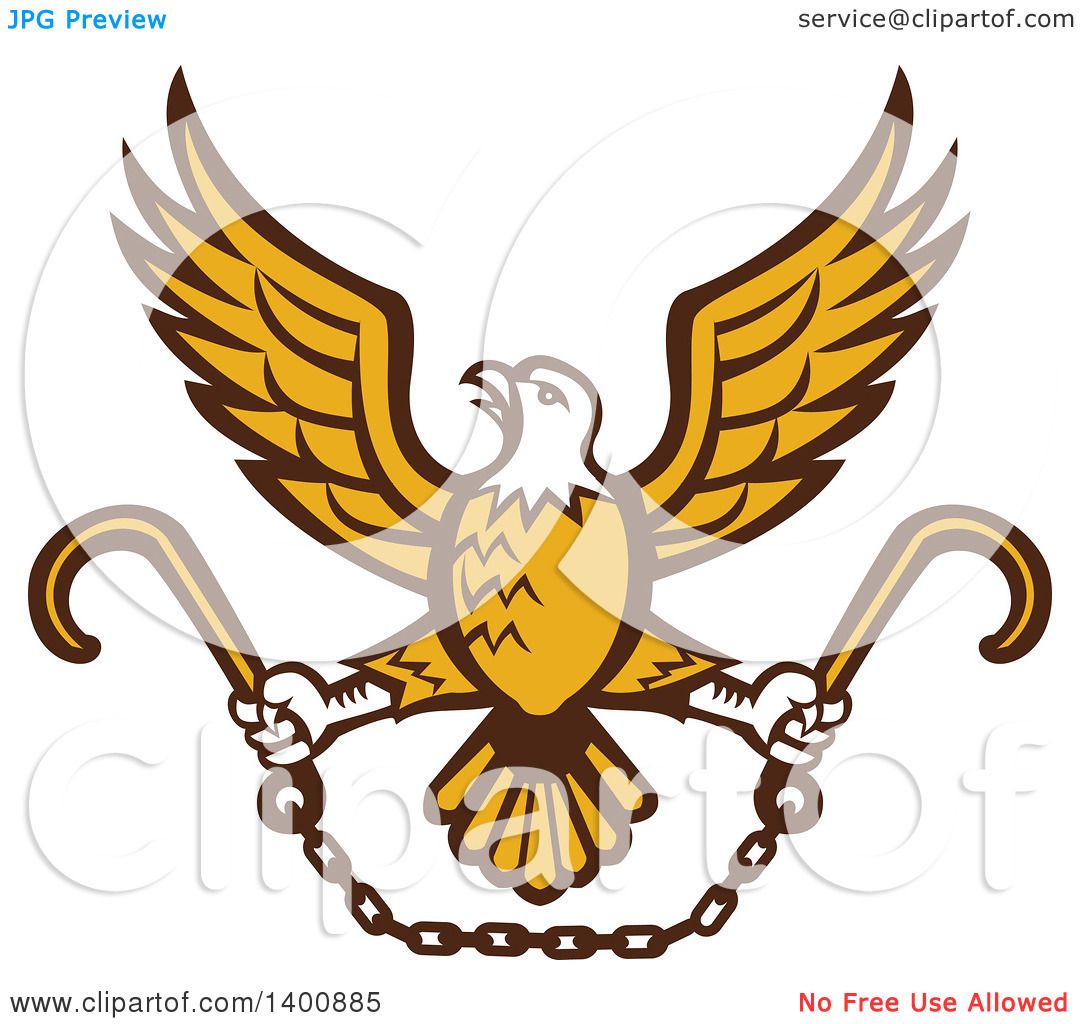 Clipart of a Retro Bald Eagle Flying with a Chain and Towing J Hooks -  Royalty Free Vector Illustration by patrimonio #1400885