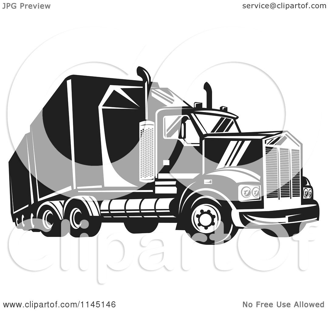 Clipart of a Retro Black and White Big Rig Truck 4 - Royalty Free
