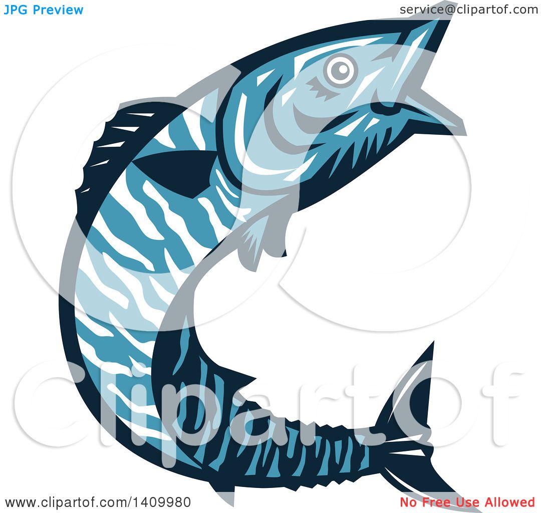 Download Clipart of a Retro Blue Jumping Wahoo Fish - Royalty Free Vector Illustration by patrimonio #1409980