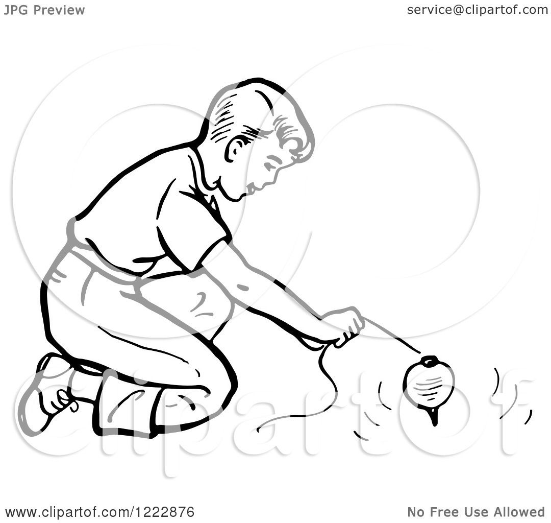 Clipart of a Retro Boy Playing with a Top in Black and White - Royalty ...