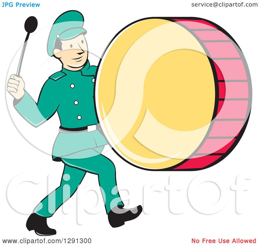 Clipart of a Retro Cartoon Marching Band Drummer Man - Royalty Free