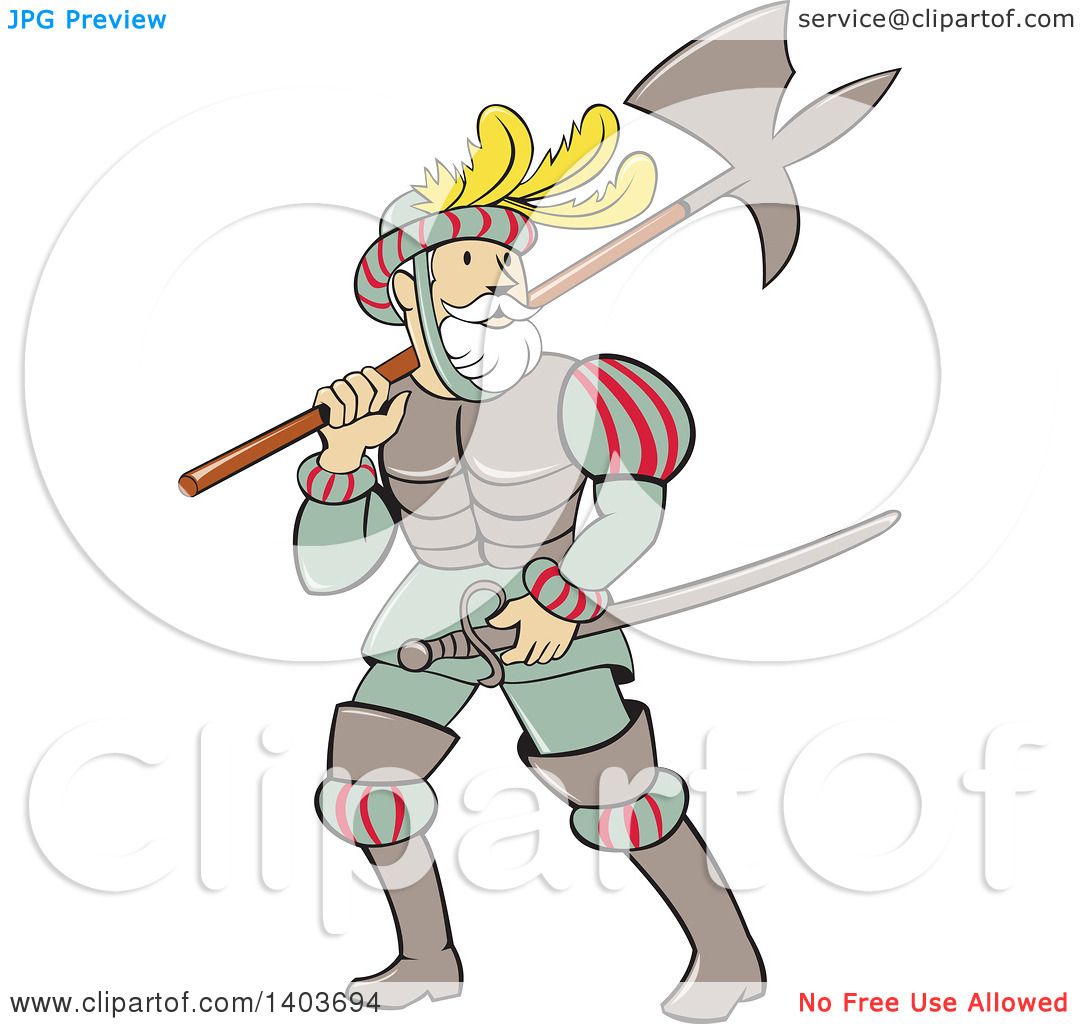 Clipart Of A Retro Cartoon Spanish Conquistador Carrying A Sword And Axe Royalty Free Vector