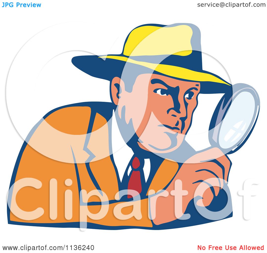 Clipart Of A Retro Detective Peering Through A Magnifying Glass