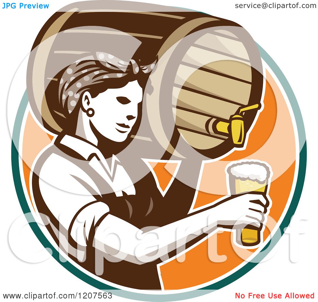Clipart of a Retro Female Bartender Pouring Beer from a Keg - Royalty ...
