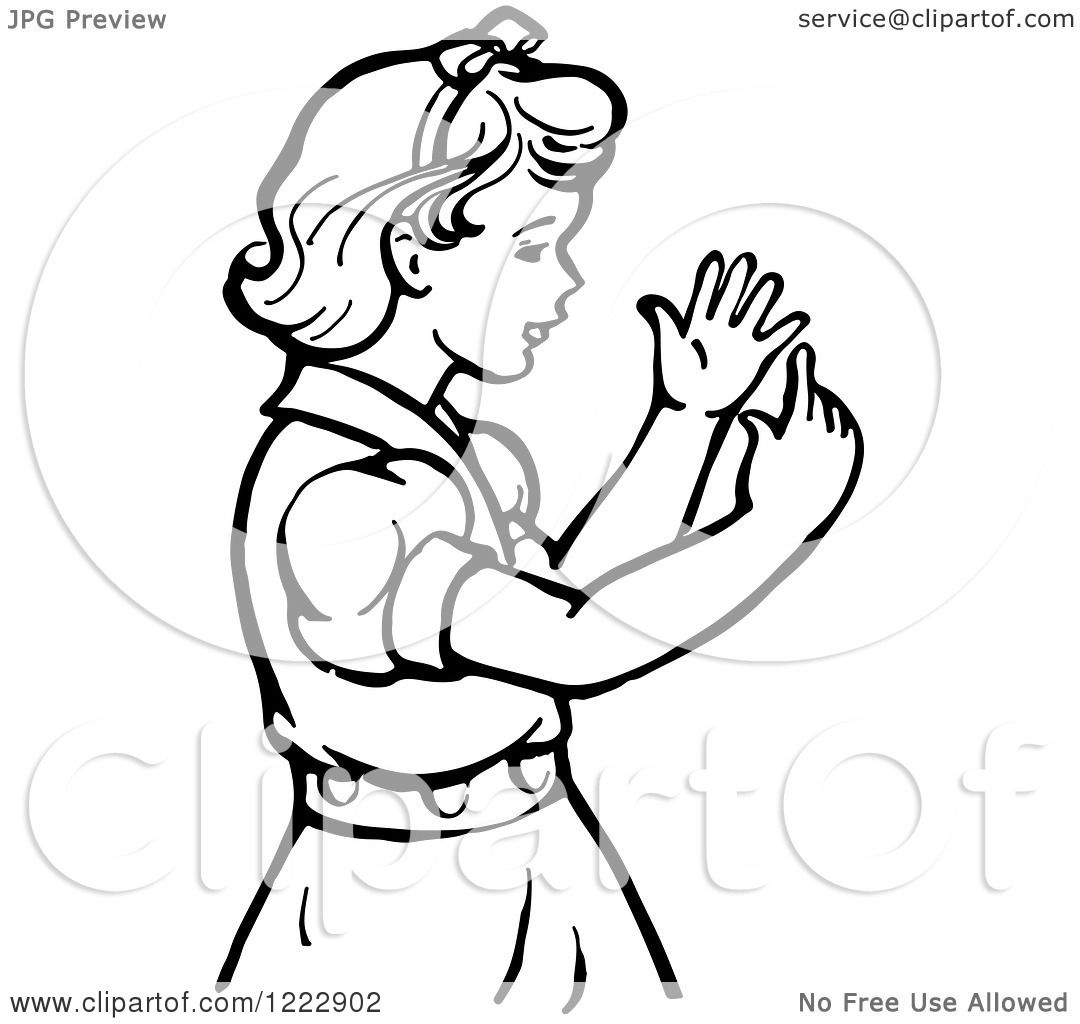 Clipart of a Retro Girl Counting Her Fingers in Black and White