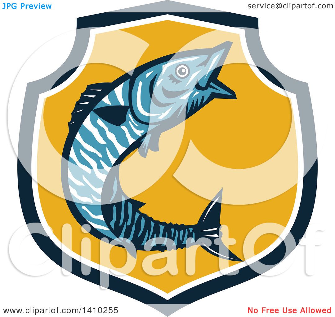 Download Clipart of a Retro Jumping Wahoo Fish in a Blue White and Yellow Shield - Royalty Free Vector ...