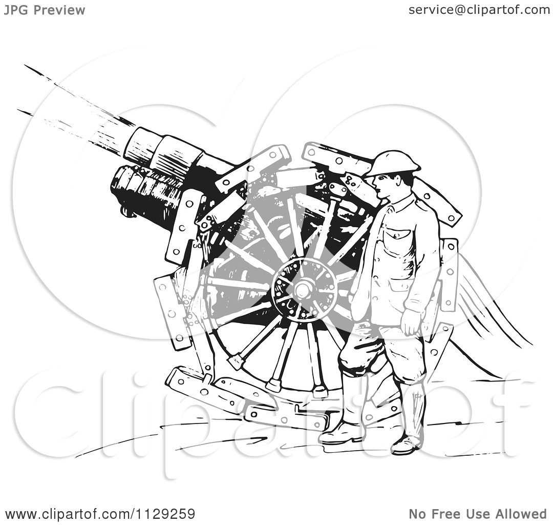 Clipart Of A Retro Navy Sailor With A Siege Gun In Black And White ...