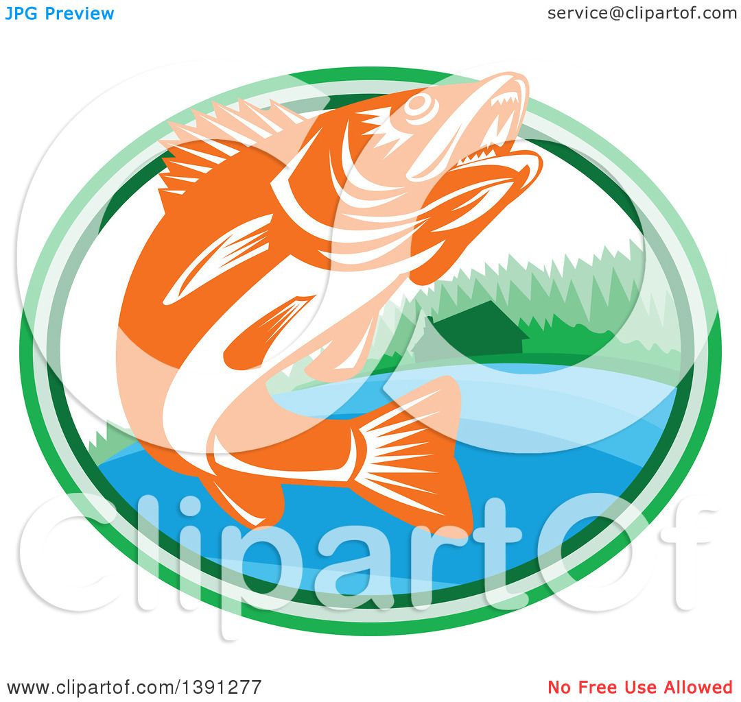 Clipart of a Retro Orange and White Walleye Fish Jumping in an
