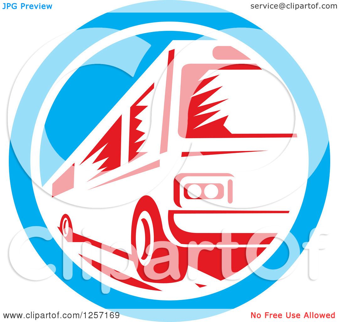Clipart of a Retro Red Woodcut Bus in a Blue and White Circle - Royalty ...