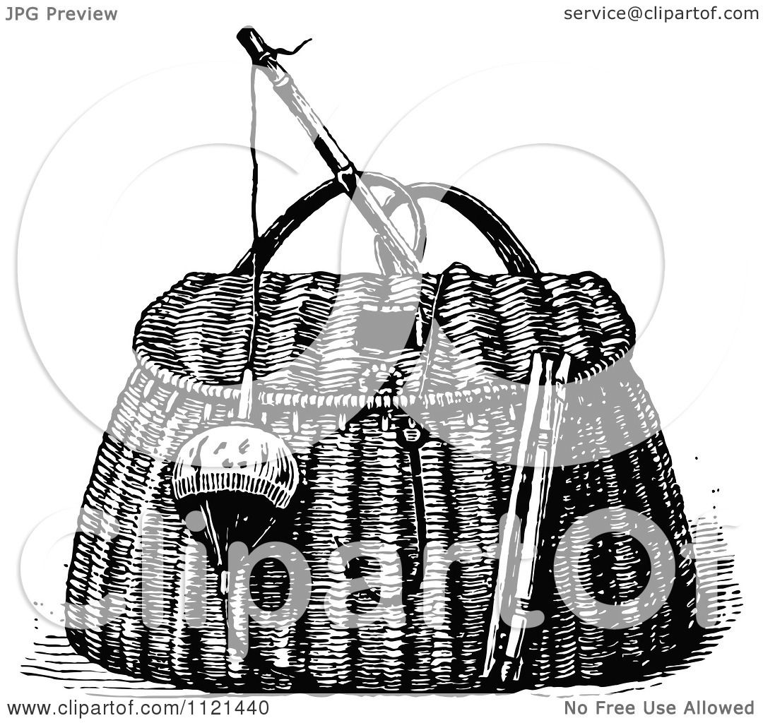 Clipart Of A Retro Vintage Black And White Bobber And Hook With A Fishing  Basket - Royalty Free Vector Illustration by Prawny Vintage #1121440