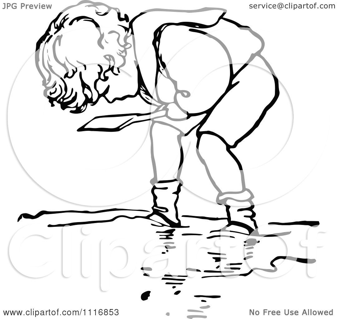 Clipart Of A Retro Vintage Black And White Boy Digging In ...