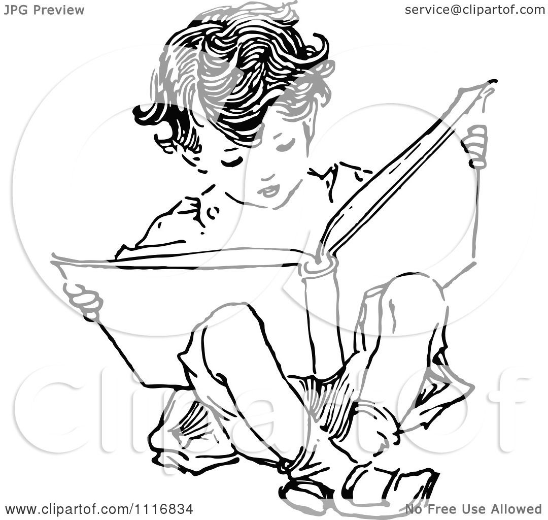 Clipart Of A Retro Vintage Black And White Boy Reading And ...