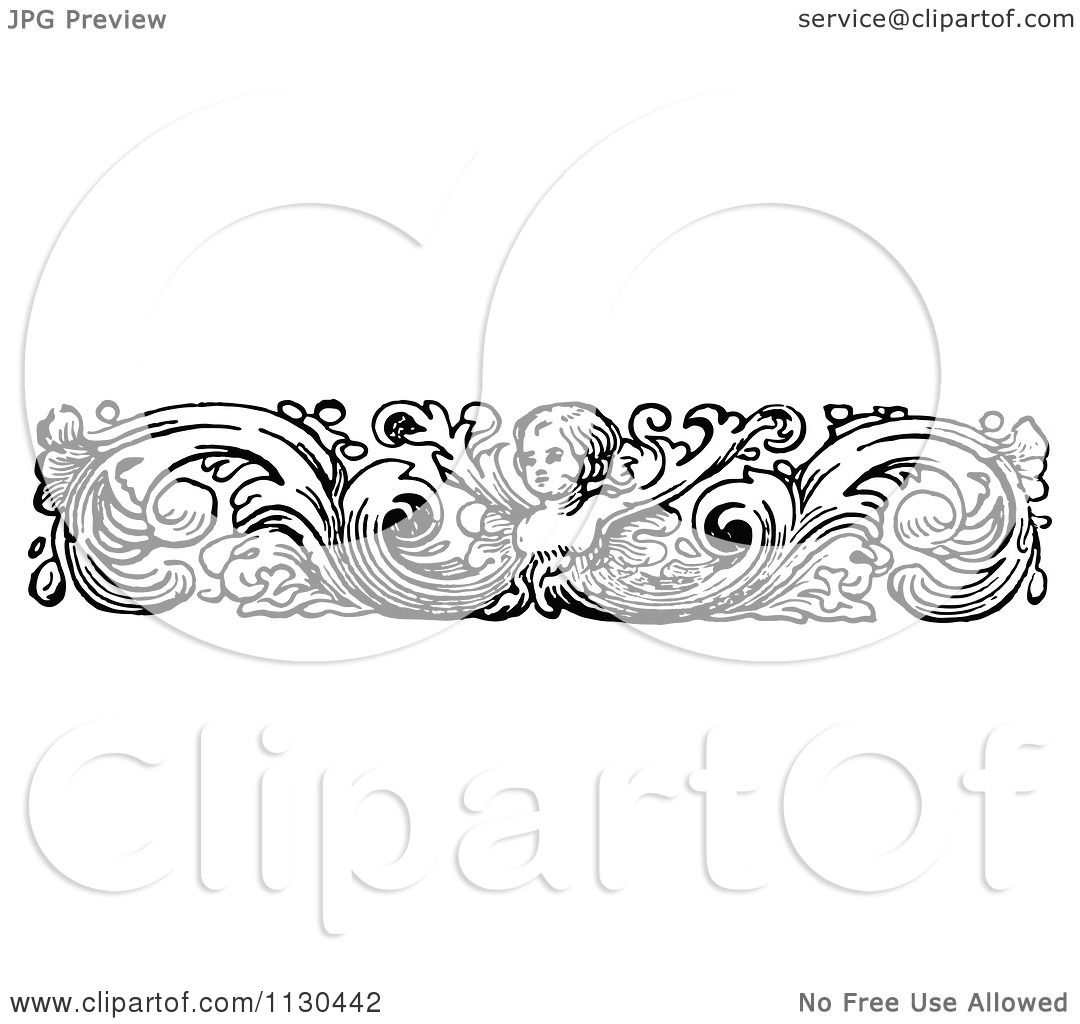 Clipart Of A Retro Vintage Black And White Cherub And Flourish Border ...