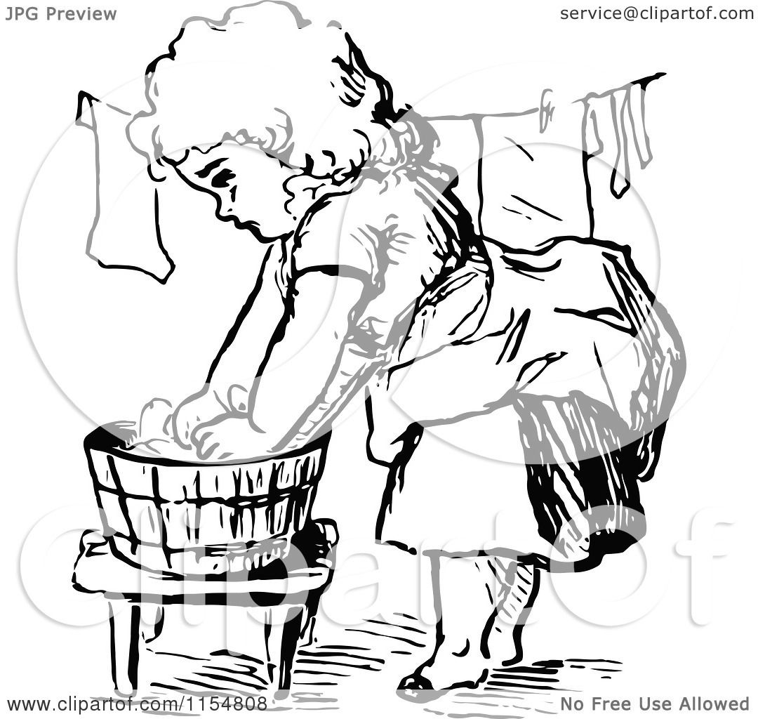 Clipart of a Retro Vintage Black and White Girl Washing ...