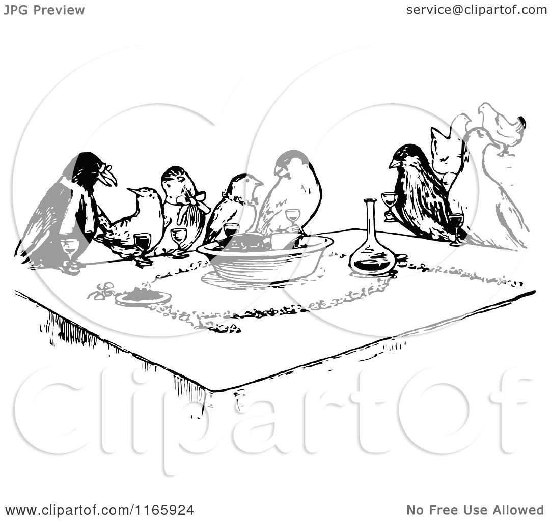 Download Clipart of a Retro Vintage Black and White Group of Birds at a Table - Royalty Free Vector ...