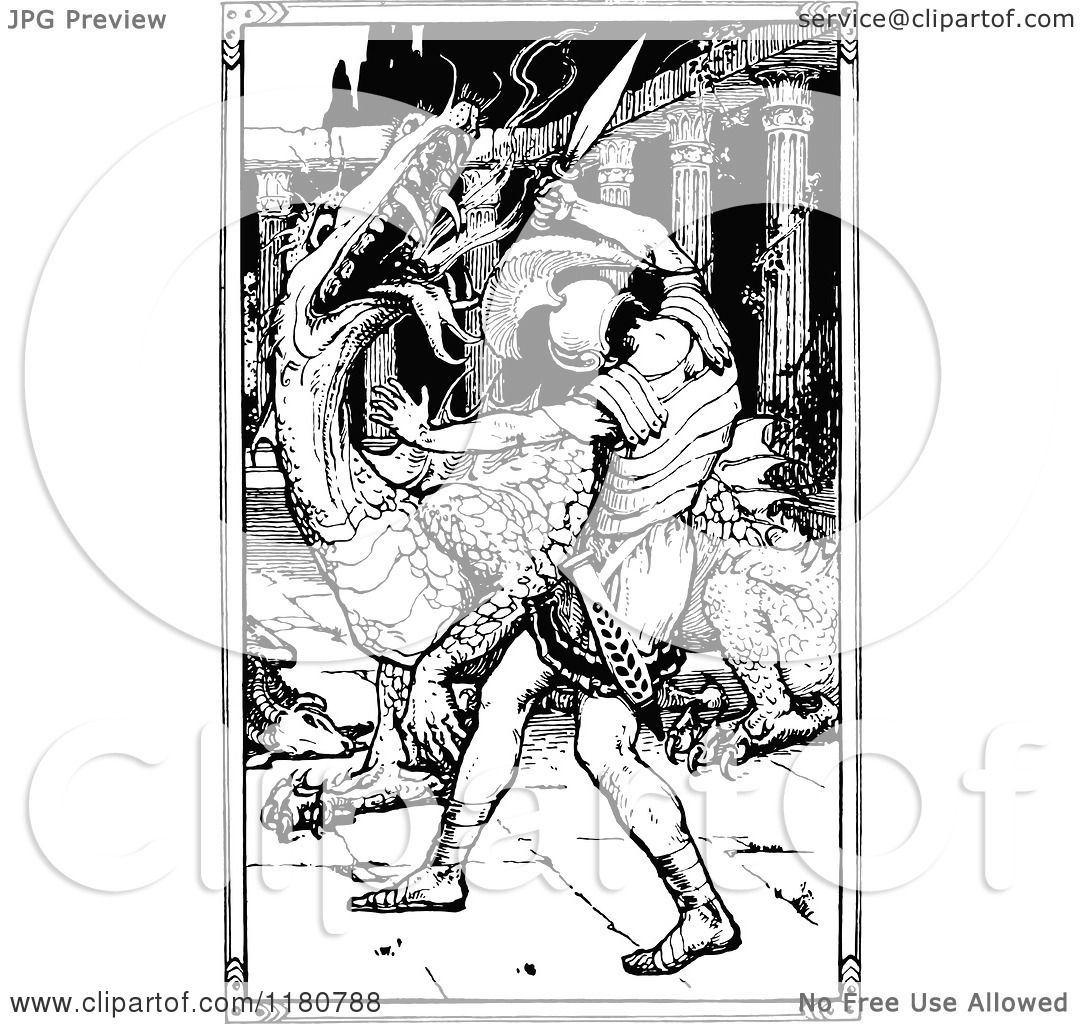 Clipart of a Retro Vintage Black and White Knight Slaying a Dragon