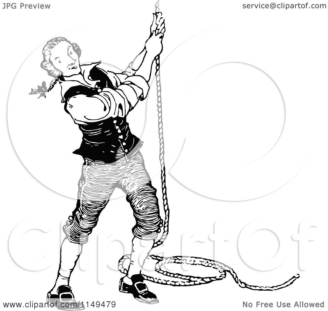 Clipart of a Retro Vintage Black and White Man Pulling down on a Rope -  Royalty Free Vector Illustration by Prawny Vintage #1149479