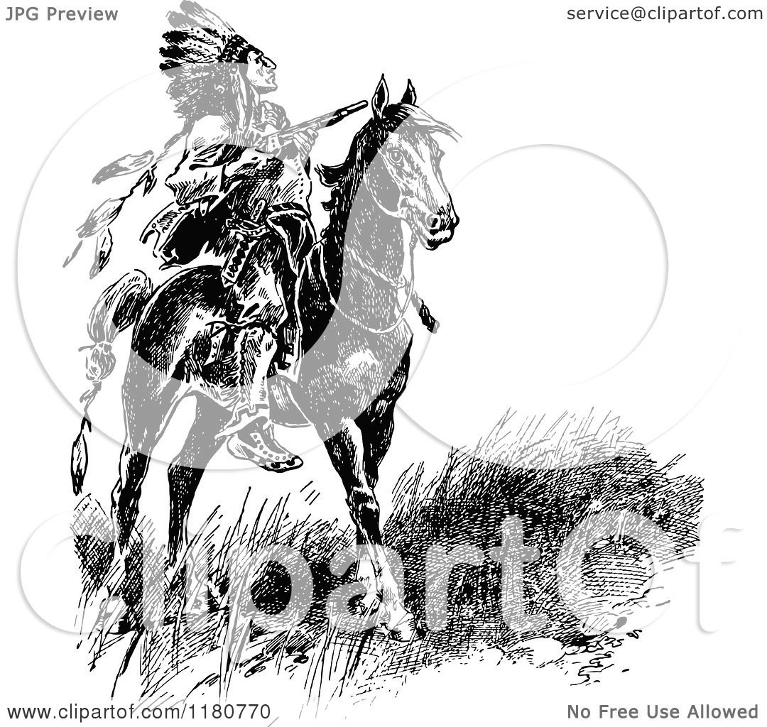 Clipart of a Retro Vintage Black and White Native American Chief on