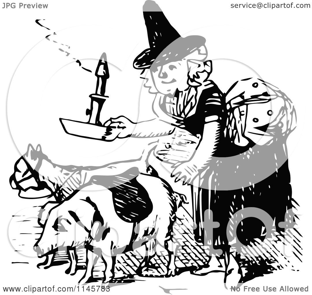 Clipart of a Retro Vintage Black and White Old Woman with a Pig ...