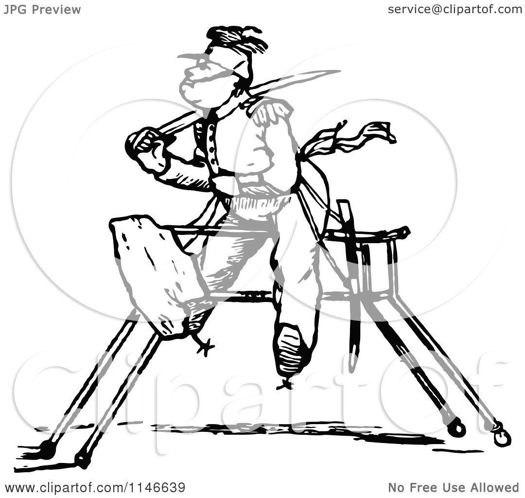 Clipart of a Retro Vintage Black and White Soldier on a Wooden Horse ...