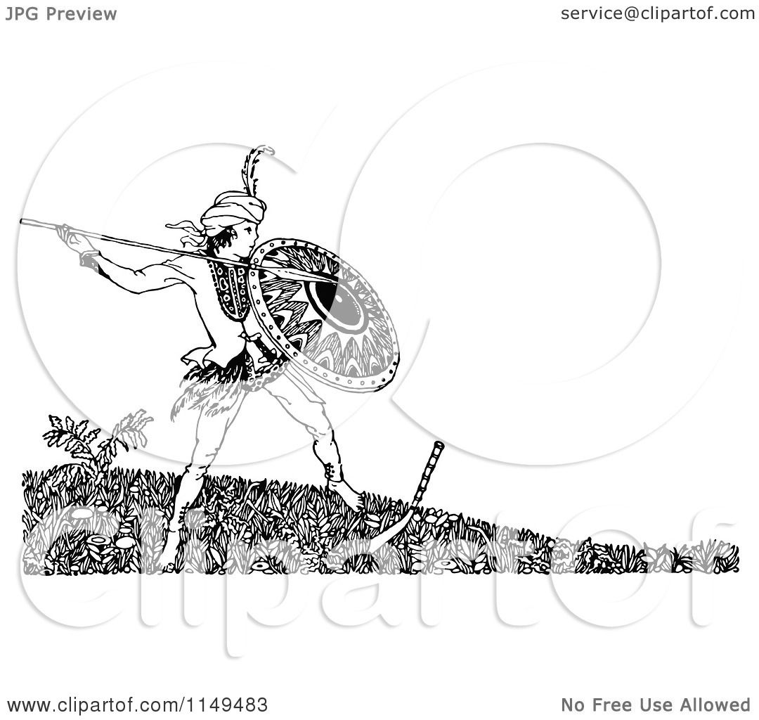 Clipart of a Retro Vintage Black and White Warrior Using a Spear ...