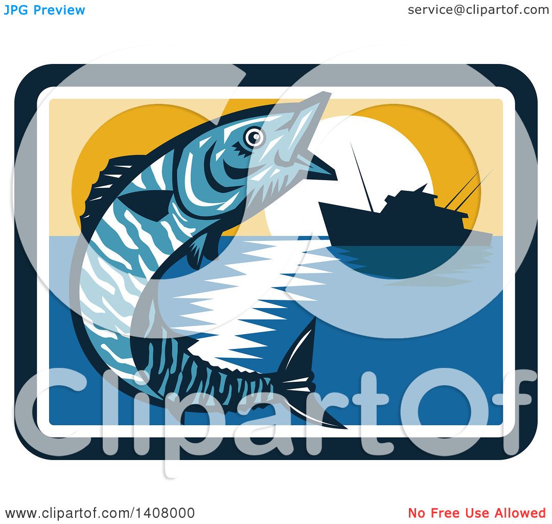Download Clipart of a Retro Wahoo Scombrid Fish Jumping near a Silhouetted Fishing Boat at Sunset ...