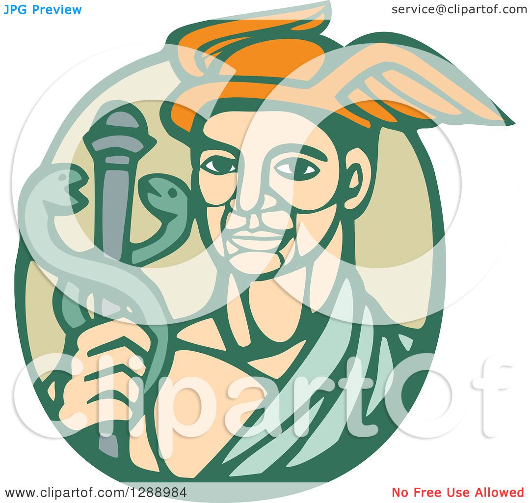Clipart of a Retro Woodcut Hermes with a Caduceus in a Green Circle ...