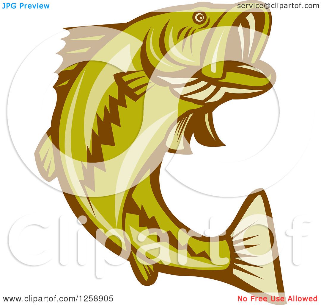 Clipart of a Retro Woodcut Largemouth Bass Fish Jumping - Royalty