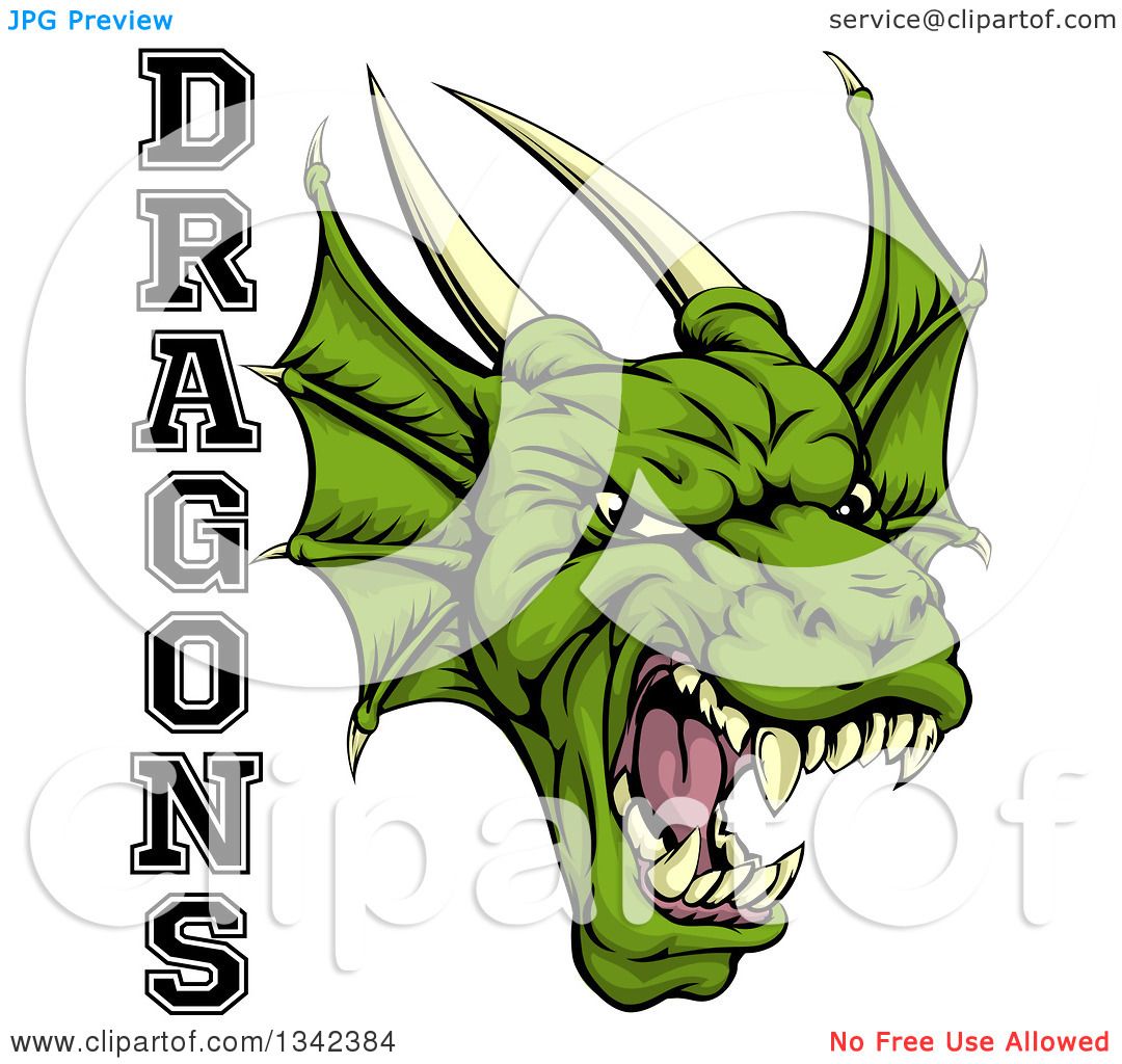 Clipart of a Roaring Green Horned Dragon Mascot Face with