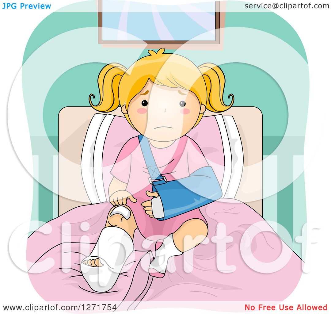 Clipart Of A Sad Blond White Girl With A Broken Leg And Arm Sitting On A Bed Royalty Free Vector Illustration By Bnp Design Studio