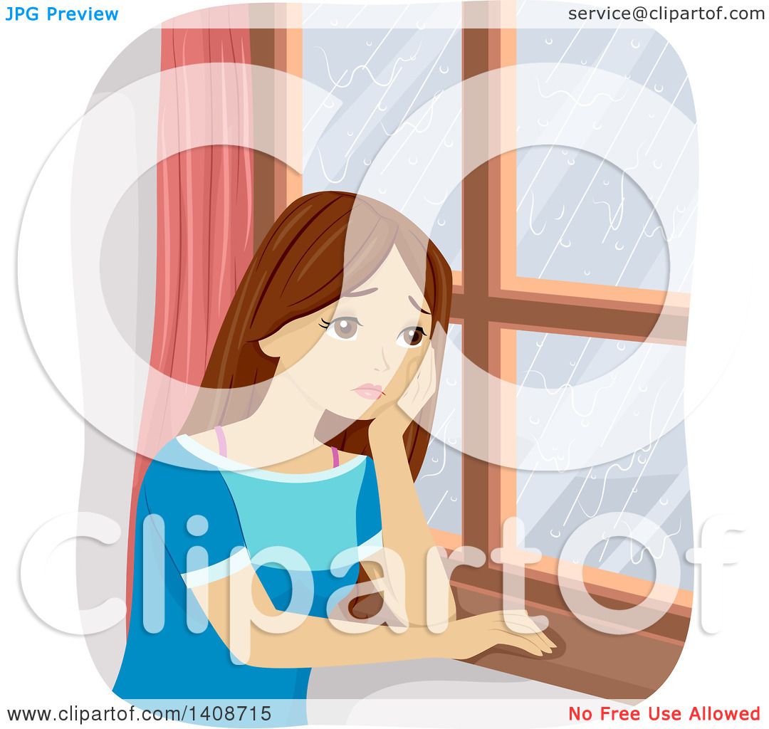 Clipart of a Sad Caucasian Teen Girl Staring out a Window Royalty