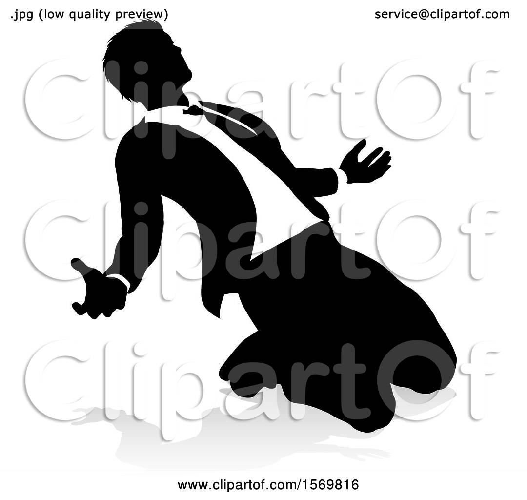 Clipart of a Silhouetted Business Man Kneeling and Worshiping, with a