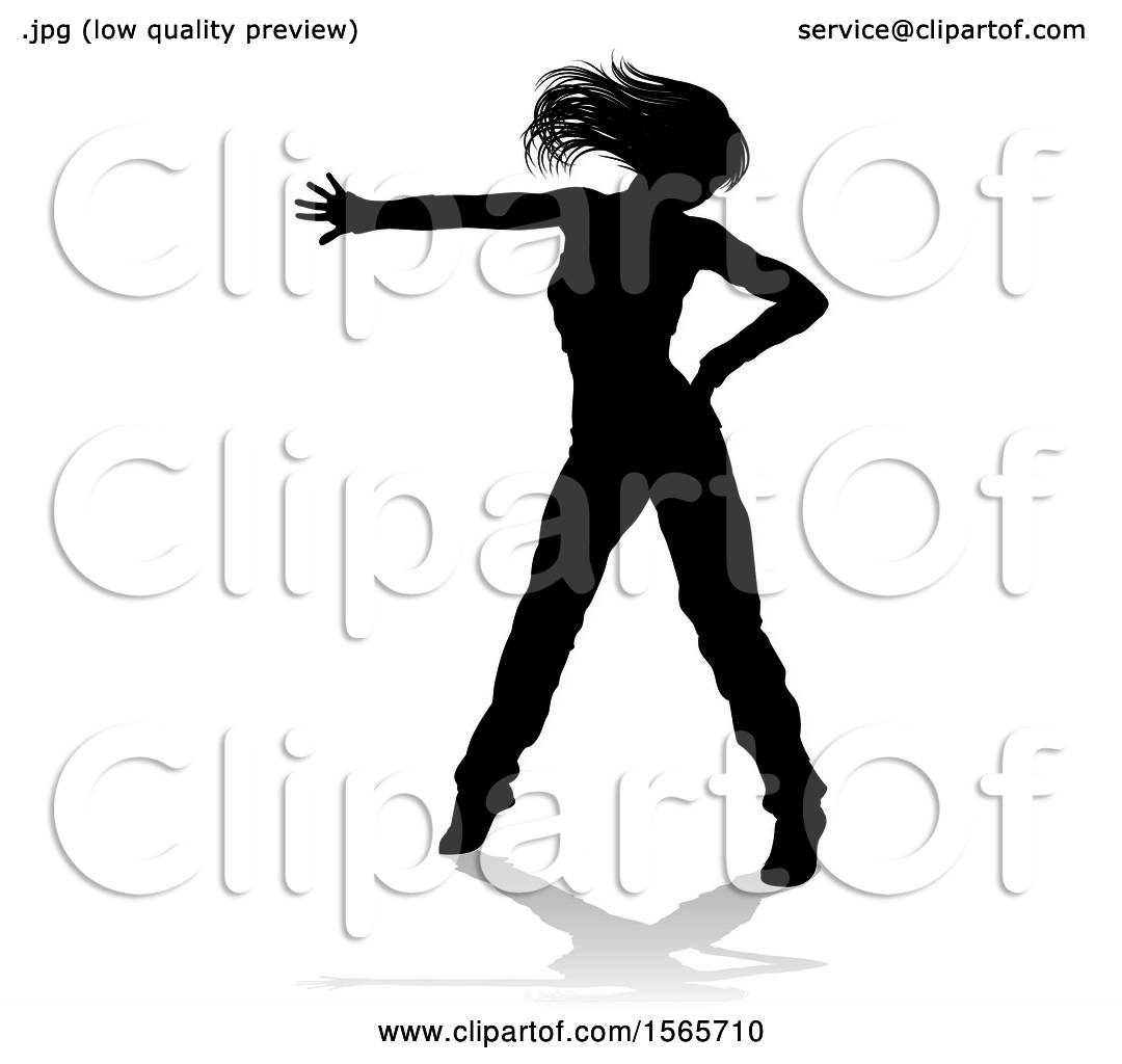 Clipart Of A Silhouetted Female Hip Hop Dancer With A Reflection